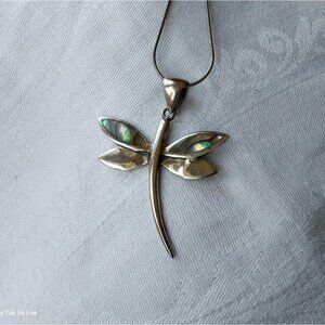 Sterling silver dragonfly with abalone shell wings pendant with sterling chain